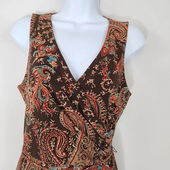 Lauren Ralph Lauren Paisley Print Faux Wrap Dress Sleeveless Belted Size PM - Picture 4 of 13